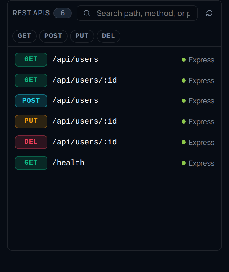 Every REST endpoint discovered in your source — click a route to jump to its handler.