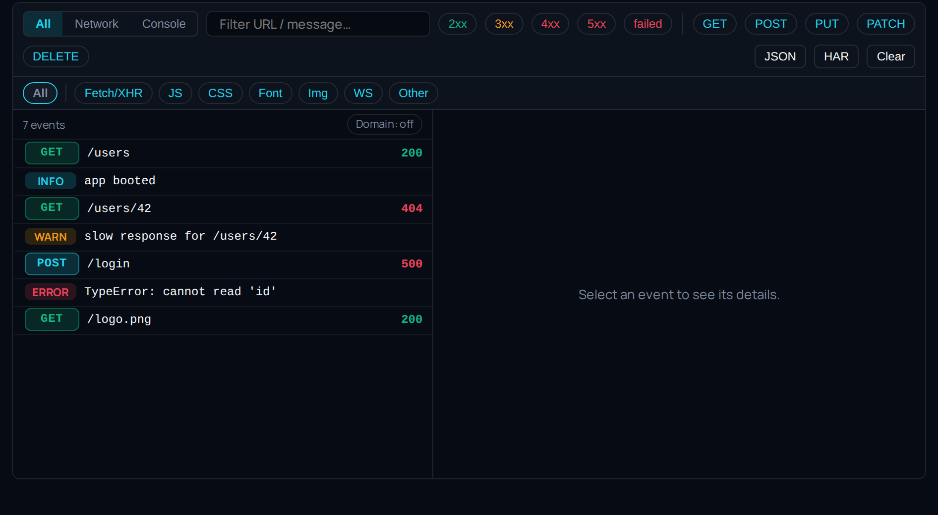 Network and console events collected alongside the screenshot.