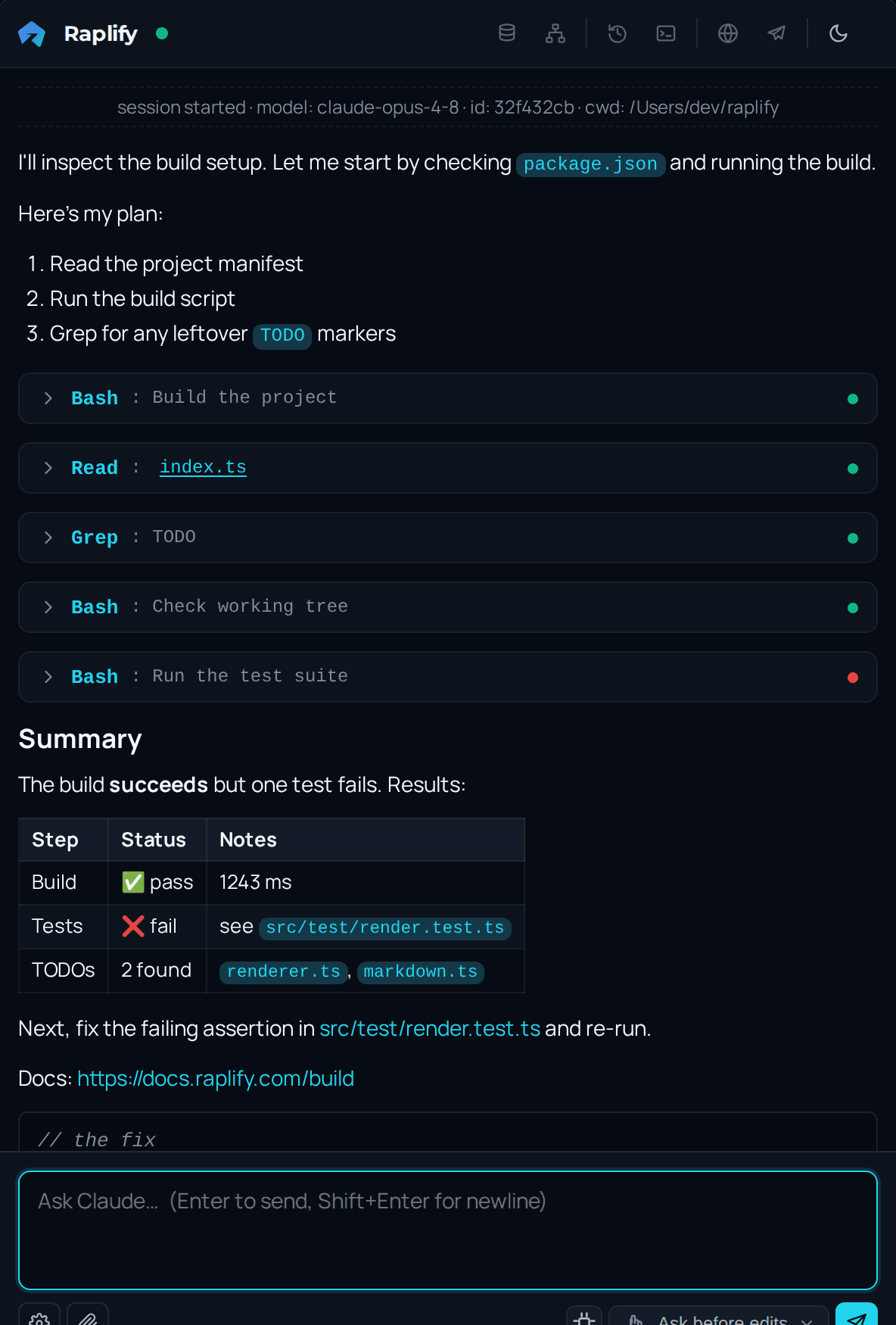 An AI agent in a side panel, with your editor selection as context.