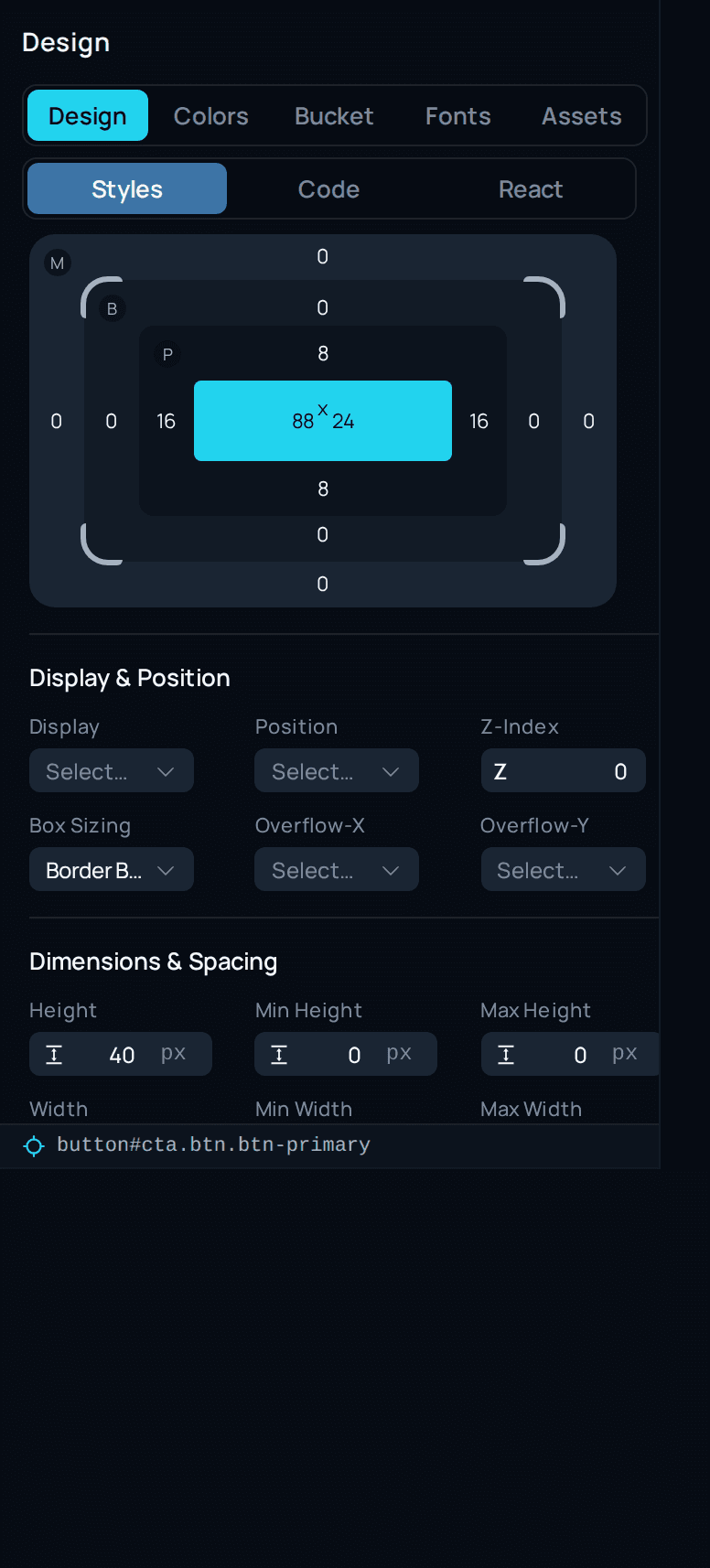 An element selected — styles, code, and the React tree in one drawer.
