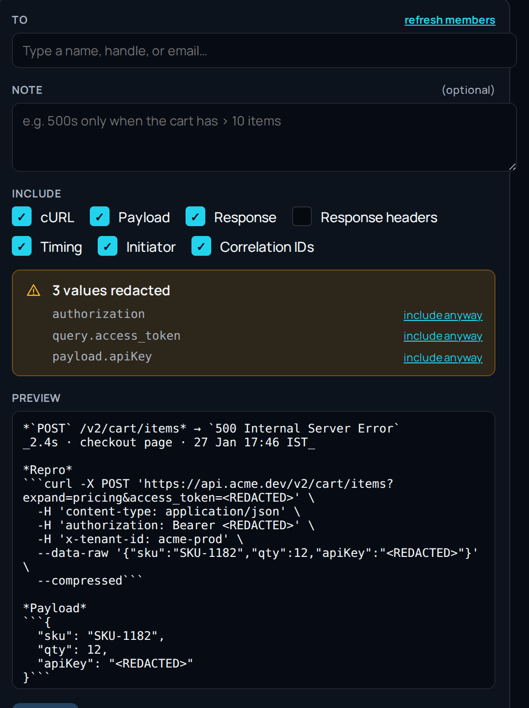 Redactions are applied before anything leaves the browser.