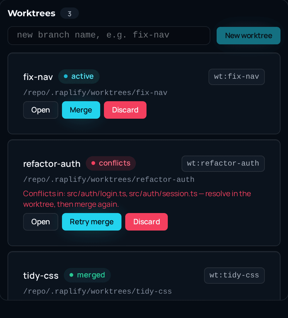 Git worktrees managed from the chat surface — create, switch, and clean up.